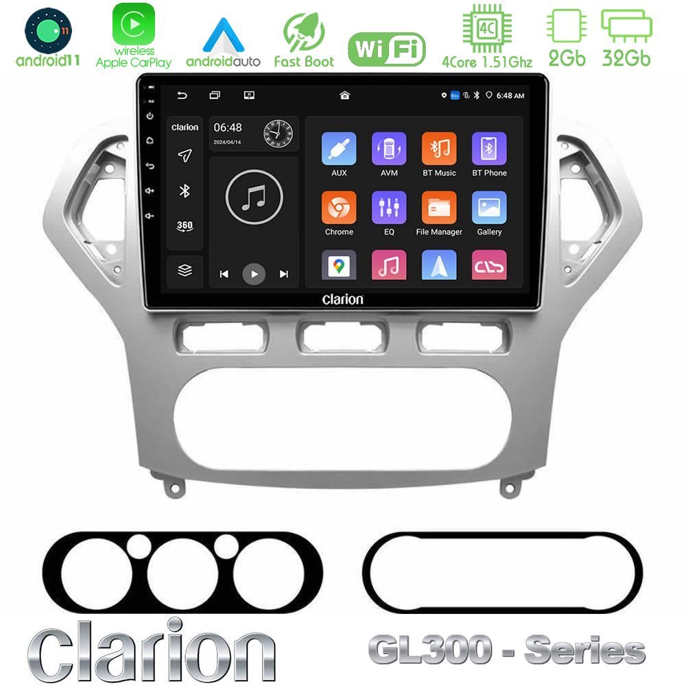 Clarion GL300 Series 4Core Android11 2+32GB Ford Mondeo 2007-2010 AUTO A/C Navigation Multimedia Tablet 9" Με Carplay & Android Auto