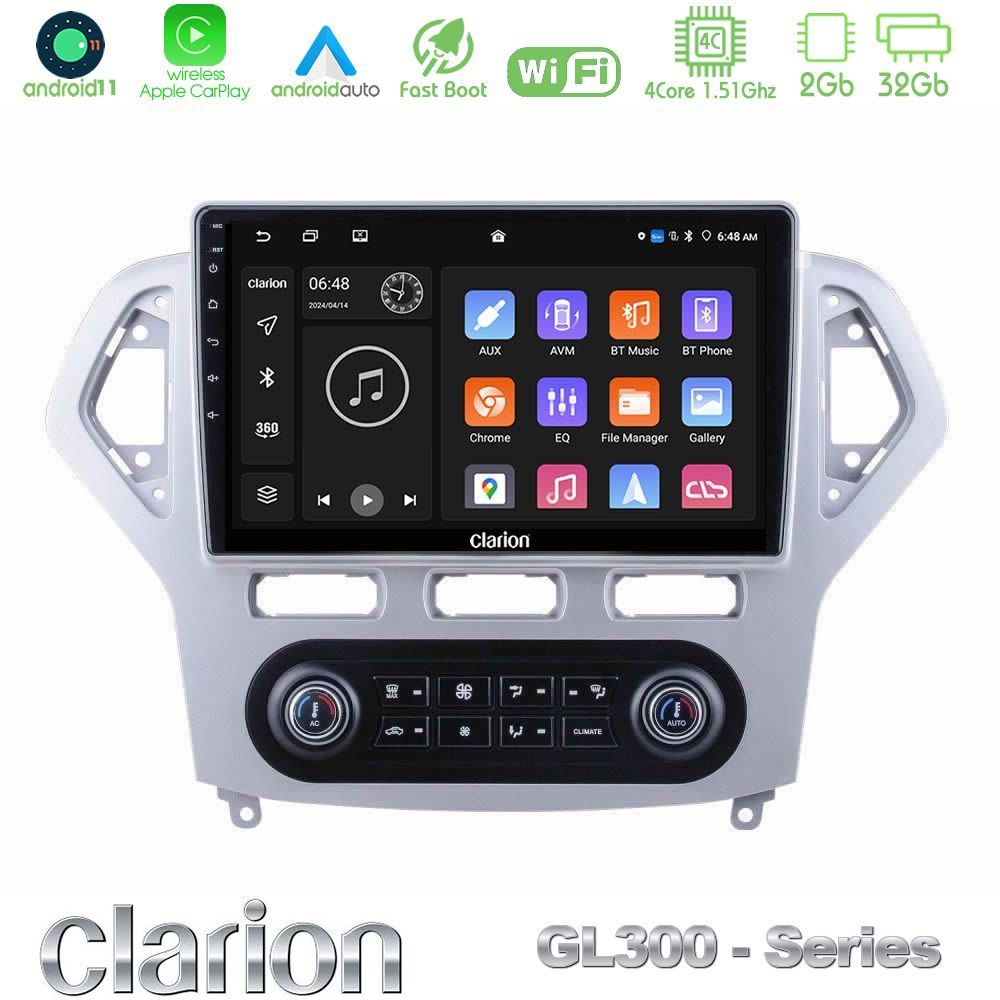 Clarion GL300 Series 4Core Android11 2+32GB Ford Mondeo 2007-2011 (Auto A/C) Navigation Multimedia Tablet 9" Με Carplay & Android Auto
