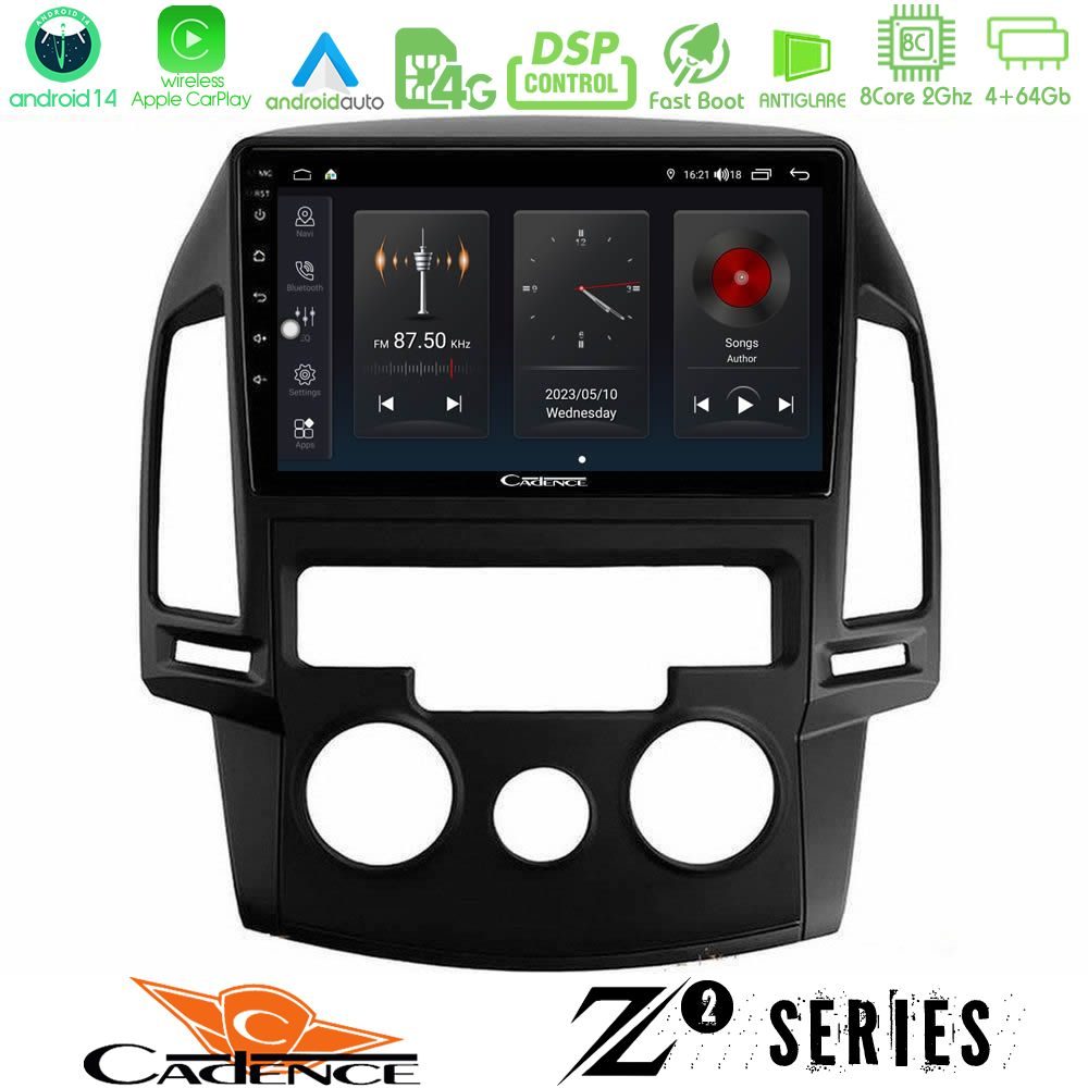 Cadence Z2 Series 8Core Android14 4+64GB  Hyundai i30 2007-2012 Manual A/C Navigation Multimedia Tablet 9" Με Carplay & Android Auto