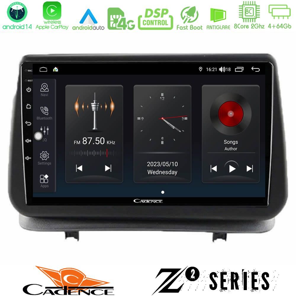 Cadence Z2 Series 8Core Android14 4+64GB  Renault Clio 2005-2012 Navigation Multimedia Tablet 9" Με Carplay & Android Auto