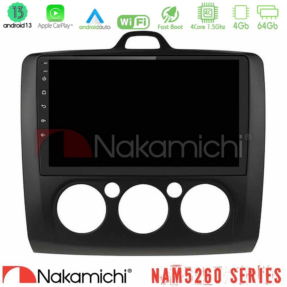 Nakamichi NAM5260 Series 4Core Android13 4+64GB Ford Focus Manual AC Navigation Multimedia Tablet 9" (Μαύρο Χρώμα) Με Carplay & Android Auto
