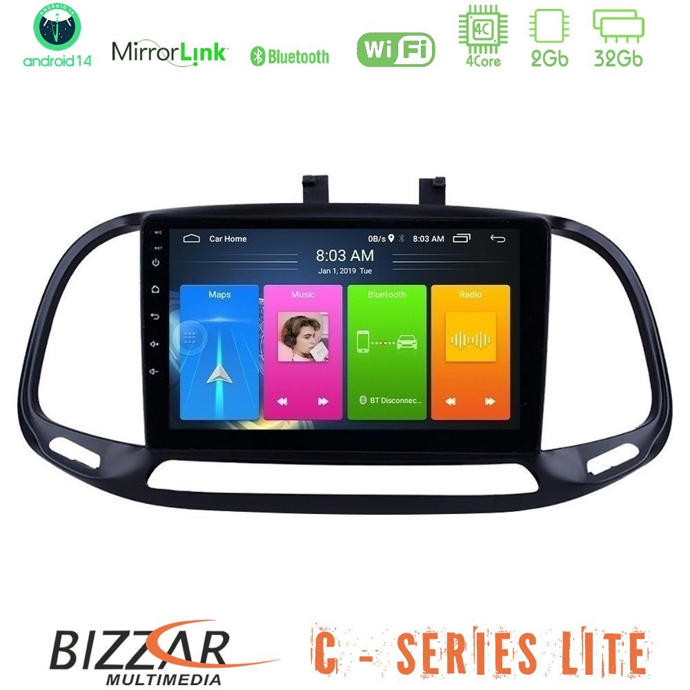 Bizzar C Series Lite 4Core Android14 2+32GB  Fiat Doblo 2015-2022 Navigation Multimedia Tablet 9"