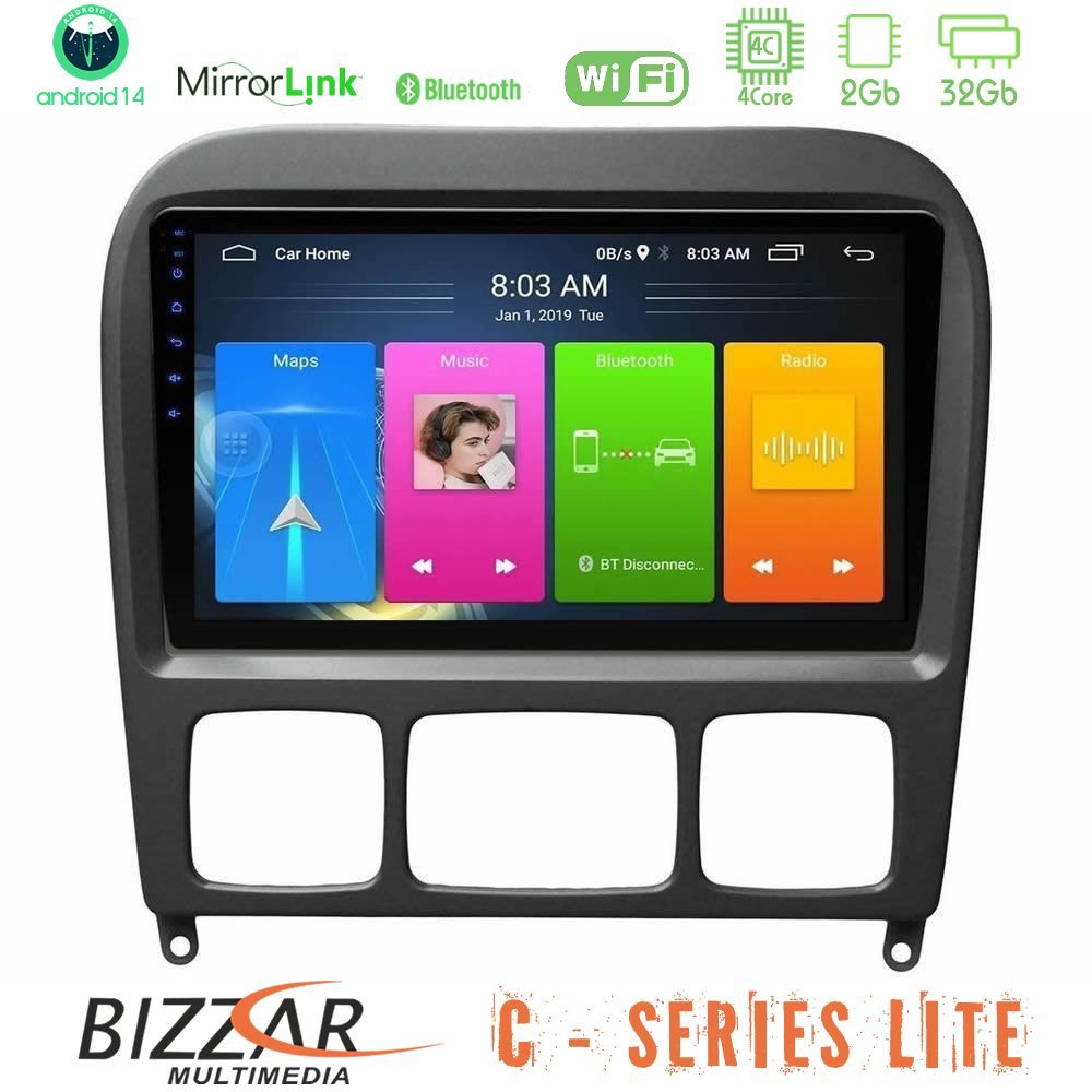 Bizzar C Series Lite 4Core Android14 2+32GB  Mercedes S Class 1999-2004 (W220) Navigation Multimedia Tablet 9"