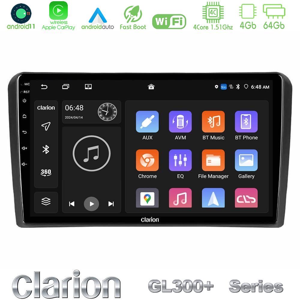 Clarion GL300+ Series 4Core Android11 4+64GB  Audi A3 8P Navigation Multimedia Tablet 9"