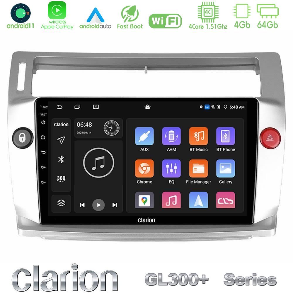 Clarion GL300+ Series 4Core Android11 4+64GB  Citroen C4 2004-2010 Navigation Multimedia Tablet 9"