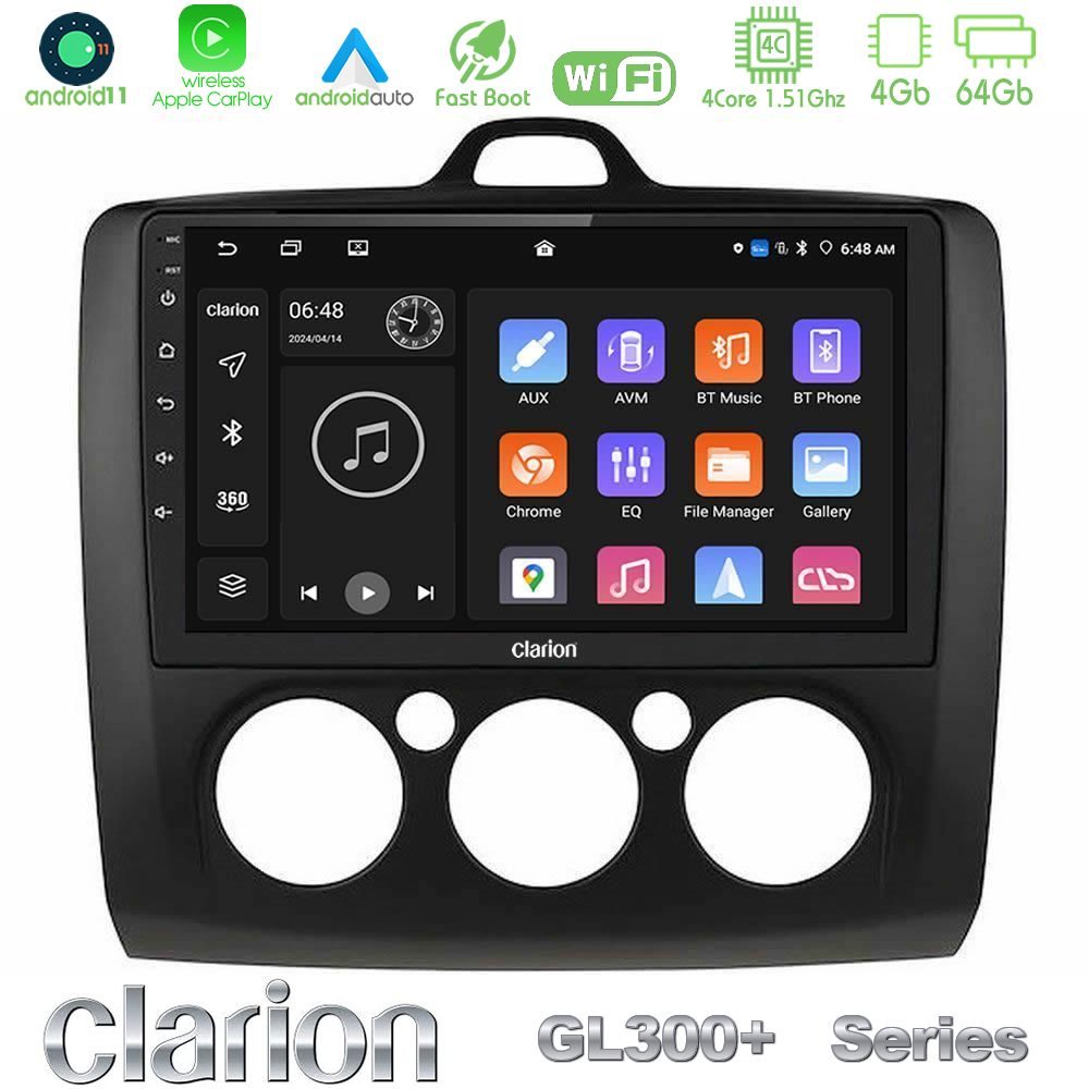Clarion GL300+ Series 4Core Android11 4+64GB  Ford Focus Manual AC Navigation Multimedia Tablet 9" (Μαύρο Χρώμα)