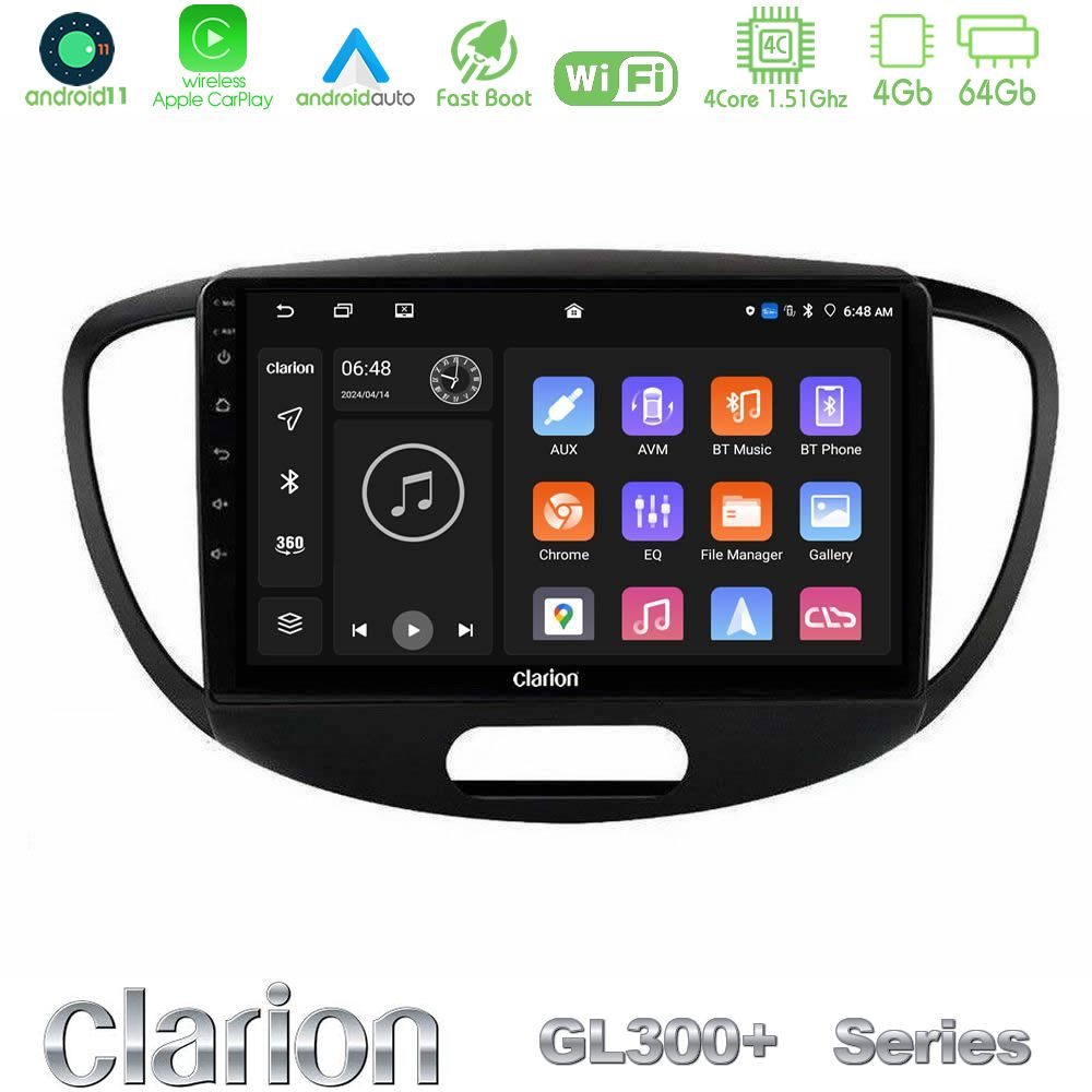 Clarion GL300+ Series 4Core Android11 4+64GB  Hyundai i10 2008-2014 Navigation Multimedia Tablet 9"