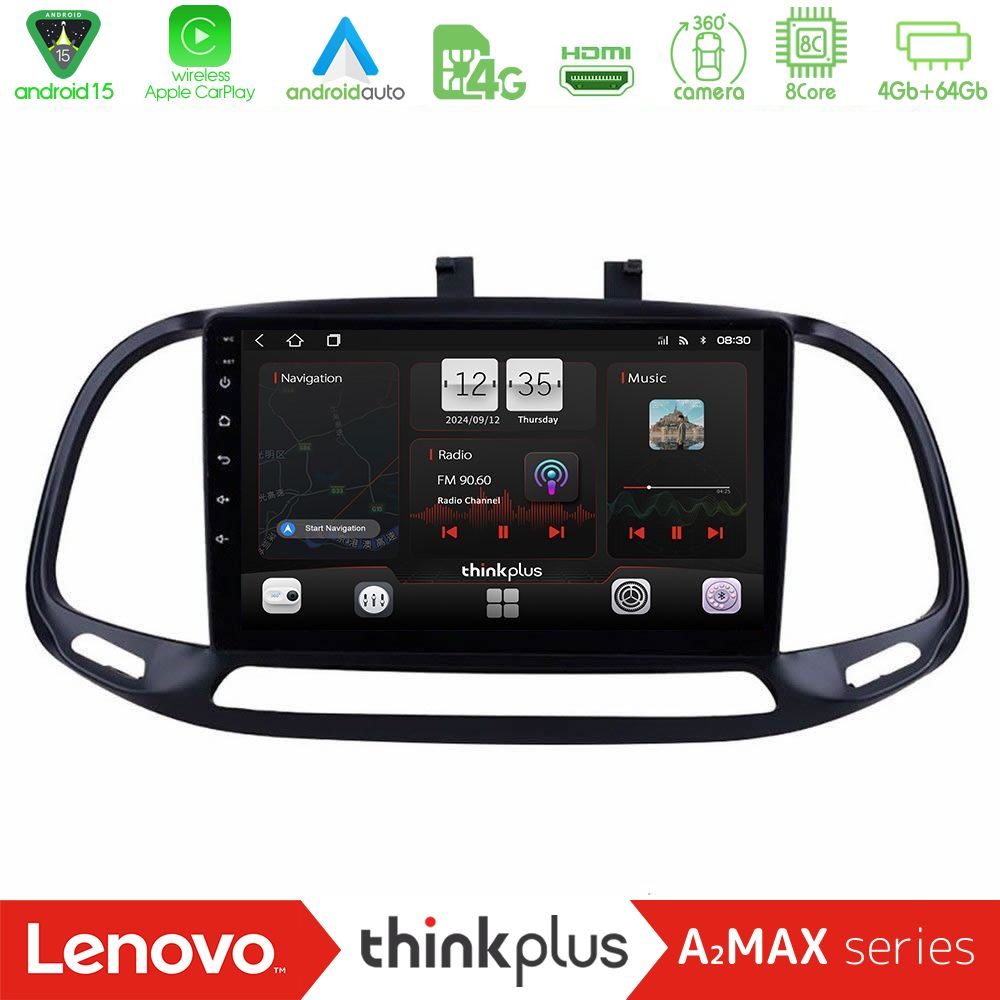 Lenovo Thinkplus A2MAX Series 8Core Android15 4+64GB  Fiat Doblo 2015-2022 Navigation Multimedia Tablet 9"