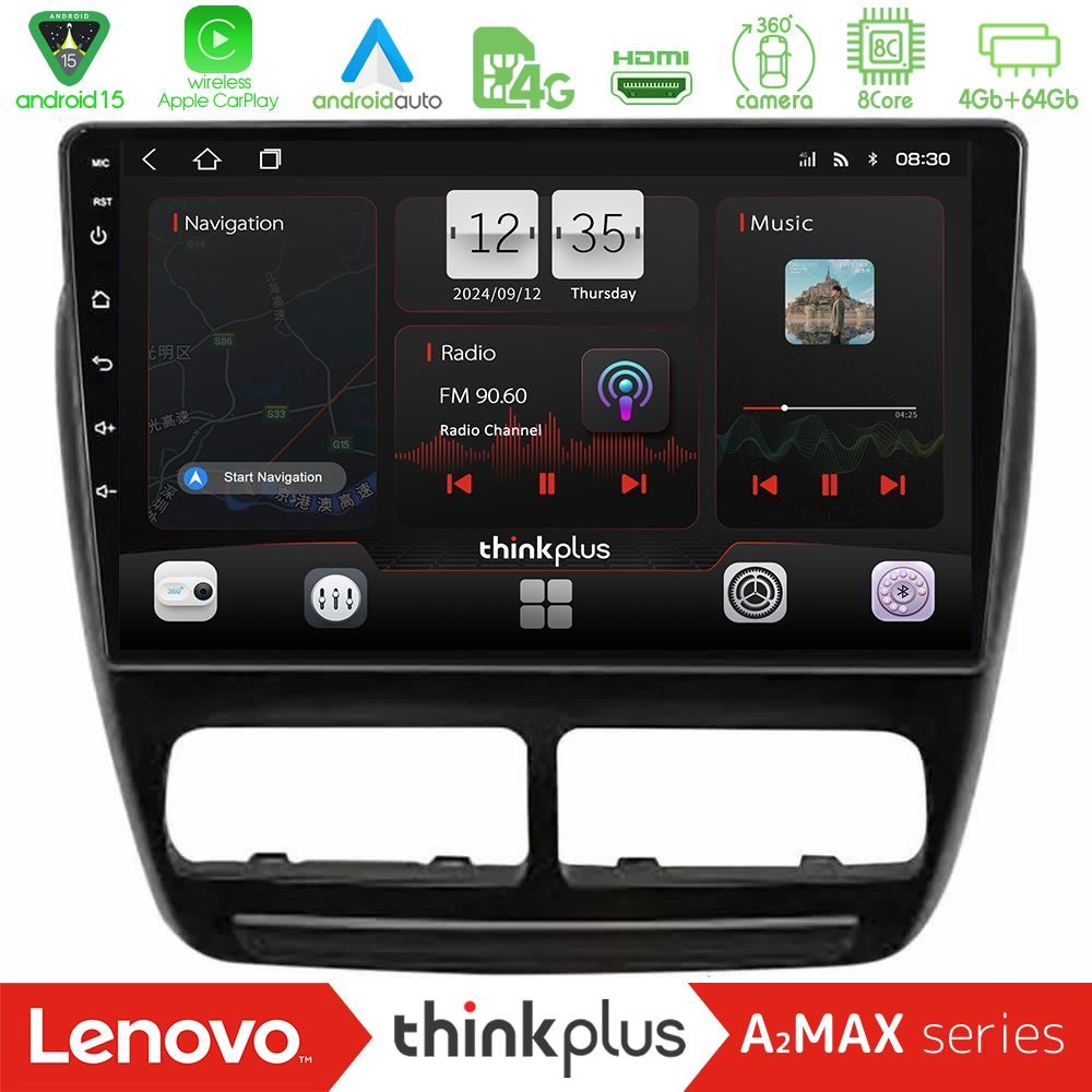Lenovo Thinkplus A2MAX Series 8Core Android15 4+64GB  Fiat Doblo / Opel Combo 2010-2014 Navigation Multimedia Tablet 9"