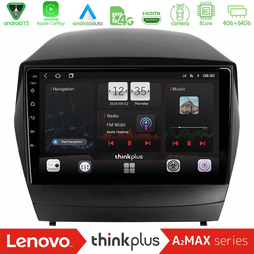 Lenovo Thinkplus A2MAX Series 8Core Android15 4+64GB  Hyundai IX35 Auto A/C Navigation Multimedia Tablet 9"
