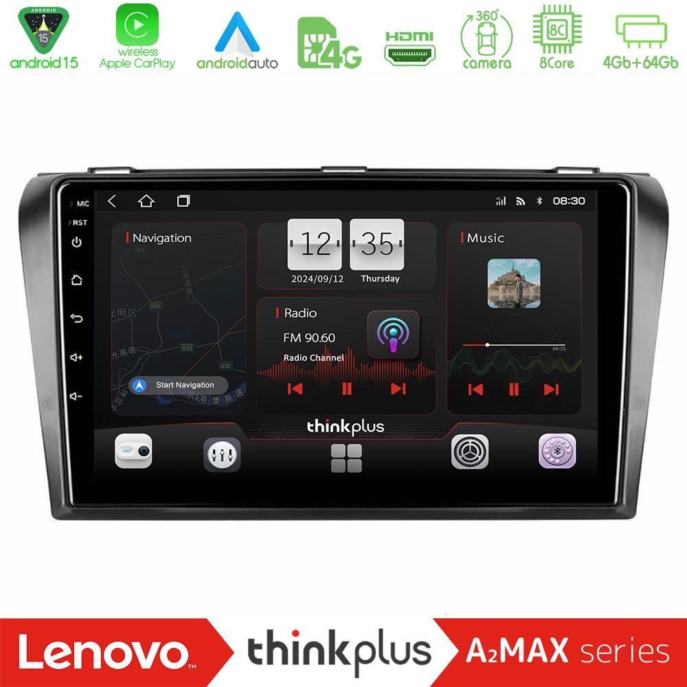Lenovo Thinkplus A2MAX Series 8Core Android15 4+64GB  Mazda 3 2004-2009 Navigation Multimedia Tablet 9"