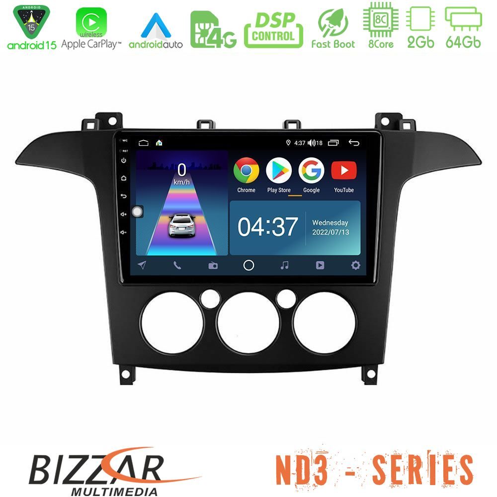 Bizzar ND3 Series 8Core Android15 2+64GB  Ford S-Max 2006-2008 (manual A/C) Navigation Multimedia Tablet 9"