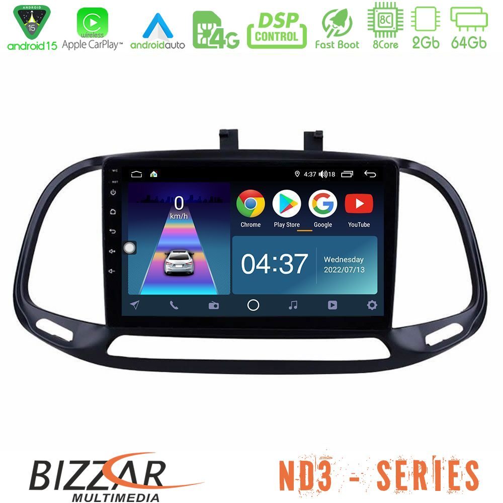 Bizzar ND3 Series 8Core Android15 2+64GB  Fiat Doblo 2015-2022 Navigation Multimedia Tablet 9"