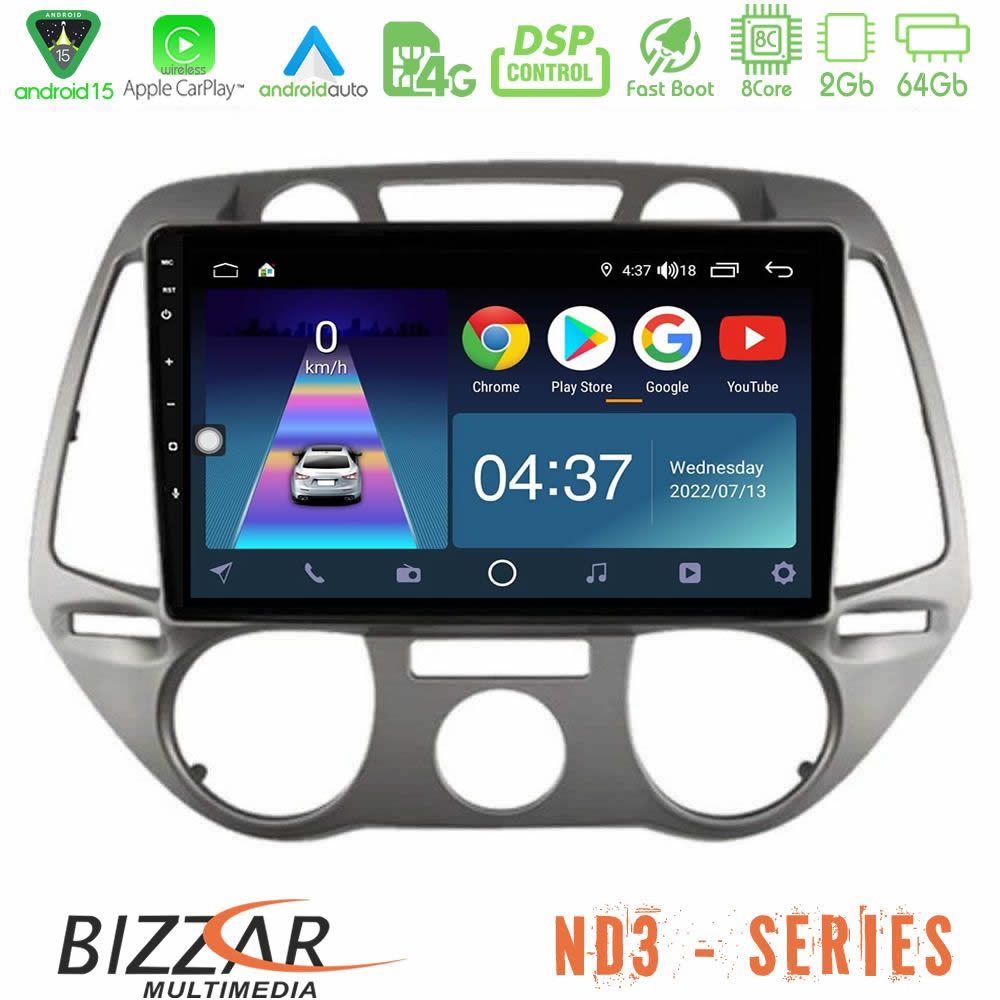 Bizzar ND3 Series 8Core Android15 2+64GB  Hyundai i20 2009-2012 Manual A/C Navigation Multimedia Tablet 9"