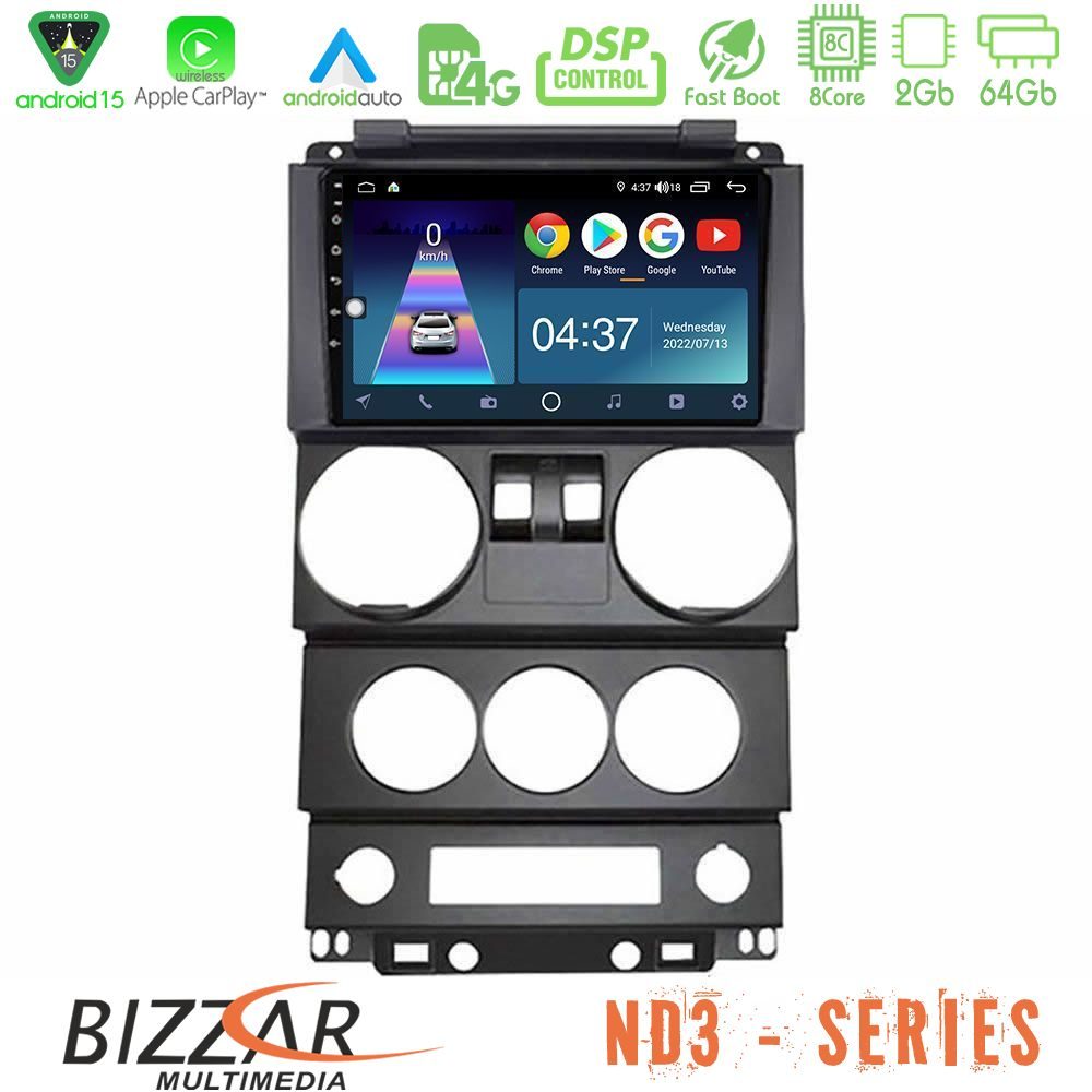 Bizzar ND3 Series 8Core Android15 2+64GB  Jeep Wrangler 2Door 2008-2010 Navigation Multimedia Tablet 9"