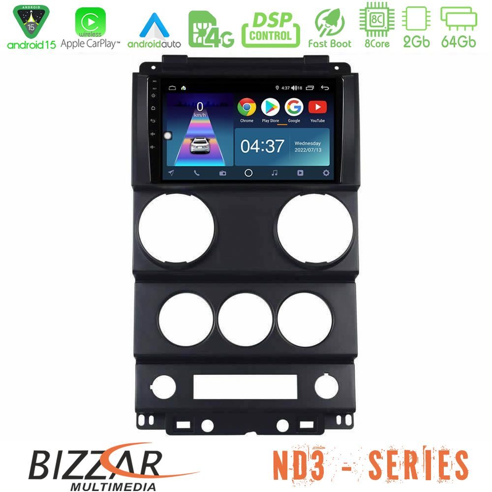 Bizzar ND3 Series 8Core Android15 2+64GB  Jeep Wrangler 2Door 2008-2010 Navigation Multimedia Tablet 9"