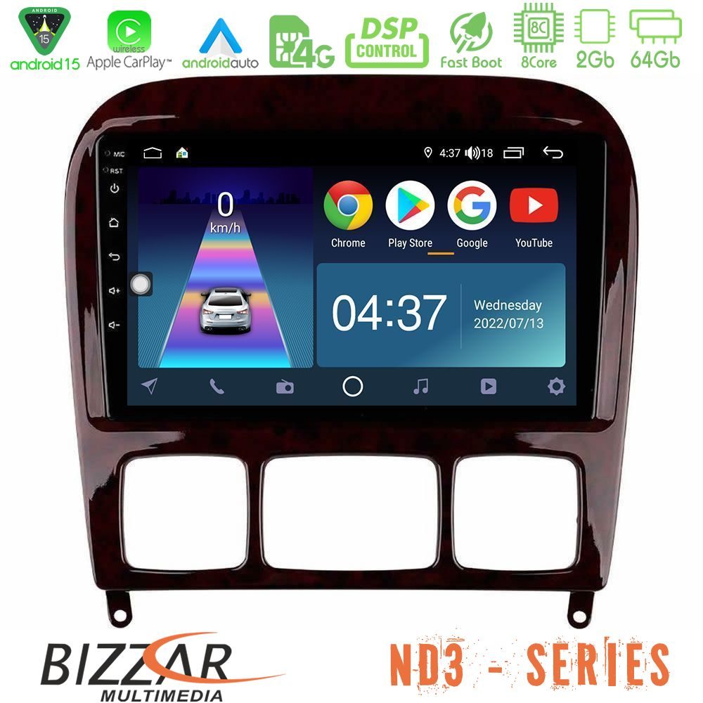 Bizzar ND3 Series 8Core Android15 2+64GB  Mercedes S Class 1999-2004 (W220) Navigation Multimedia Tablet 9"