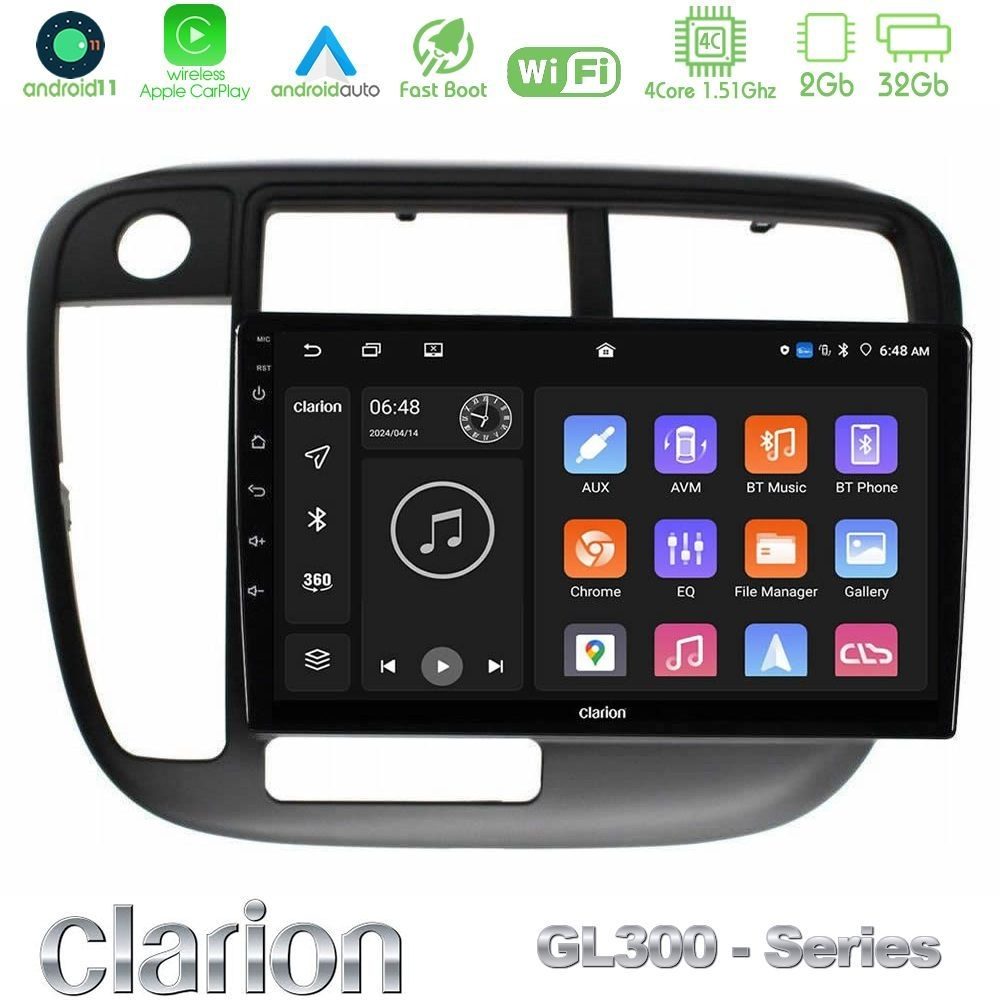 Clarion GL300 Series 4Core Android11 2+32GB Honda Civic 1995-2001 Navigation Multimedia Tablet 9" Με Carplay & Android Auto