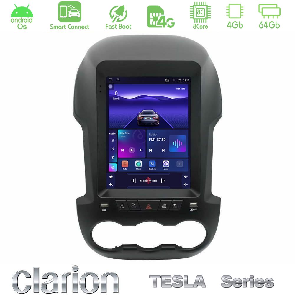 Clarion GL300 Tesla Series Android OS 8Core 4+64GB Ford Ranger 2012-2016 Navigation Multimedia Tablet 9.7"