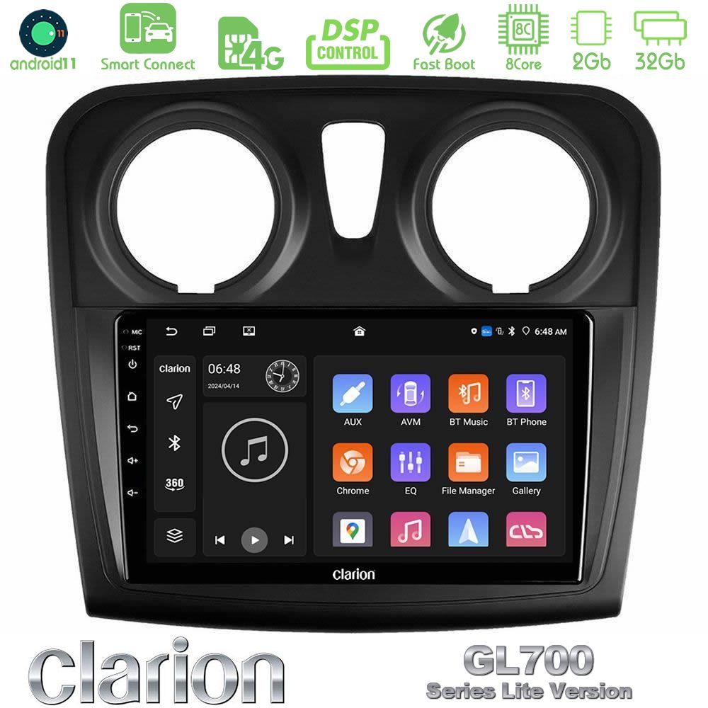 Clarion GL700 Lite Series 8Core Android11 2+32GB Dacia Sandero 2014-2020 Navigation Multimedia Tablet 9" Με Carplay & Android Auto