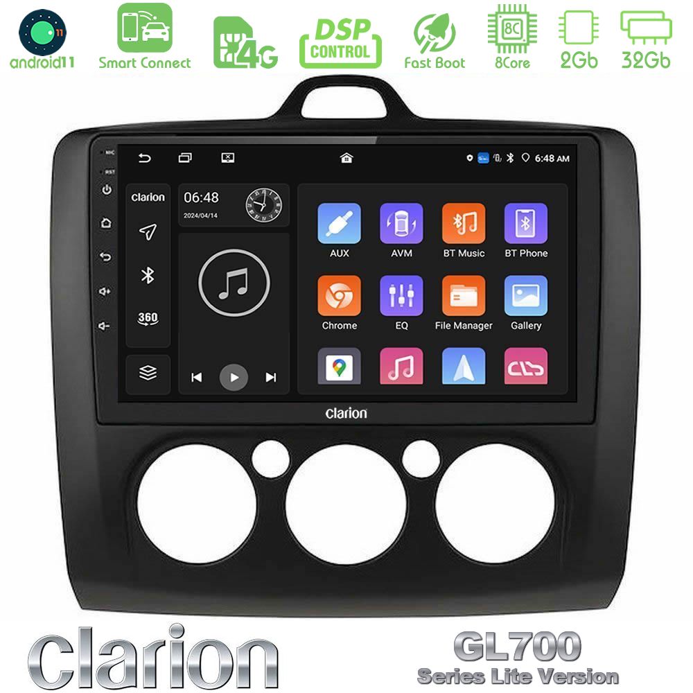 Clarion GL700 Lite Series 8Core Android11 2+32GB Ford Focus Manual AC Navigation Multimedia Tablet 9" (Μαύρο Χρώμα) Με Carplay & Android Auto