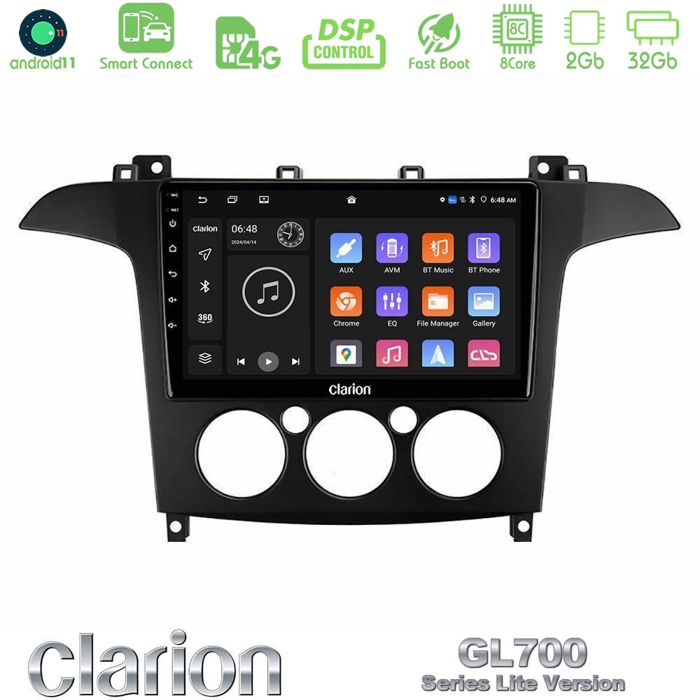 Clarion GL700 Lite Series 8Core Android11 2+32GB Ford S-Max 2006-2008 (manual A/C) Navigation Multimedia Tablet 9" Με Carplay & Android Auto