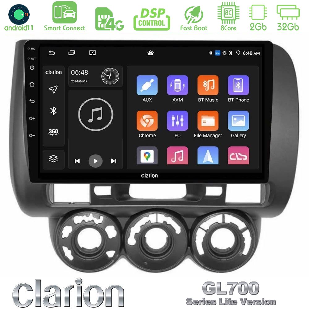 Clarion GL700 Lite Series 8Core Android11 2+32GB Honda Jazz (Fit) 2002-2008 (RHD) Manual A/C Navigation Multimedia Tablet 9" Με Carplay & Android Auto
