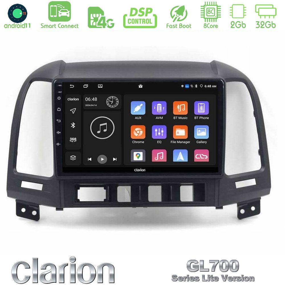 Clarion GL700 Lite Series 8Core Android11 2+32GB Hyundai Santa Fe 2006-2013 Navigation Multimedia Tablet 9" Με Carplay & Android Auto