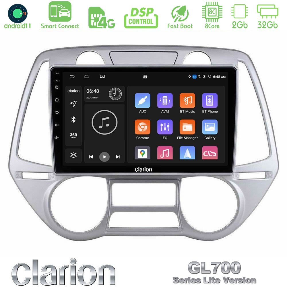 Clarion GL700 Lite Series 8Core Android11 2+32GB Hyundai i20 2009-2012 Auto A/C Navigation Multimedia Tablet 9" Με Carplay & Android Auto