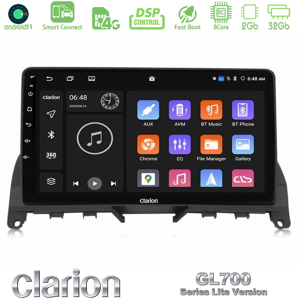 Clarion GL700 Lite Series 8Core Android11 2+32GB Mercedes C-Class W204 2008-2011 Navigation Multimedia Tablet 9" Με Carplay & Android Auto