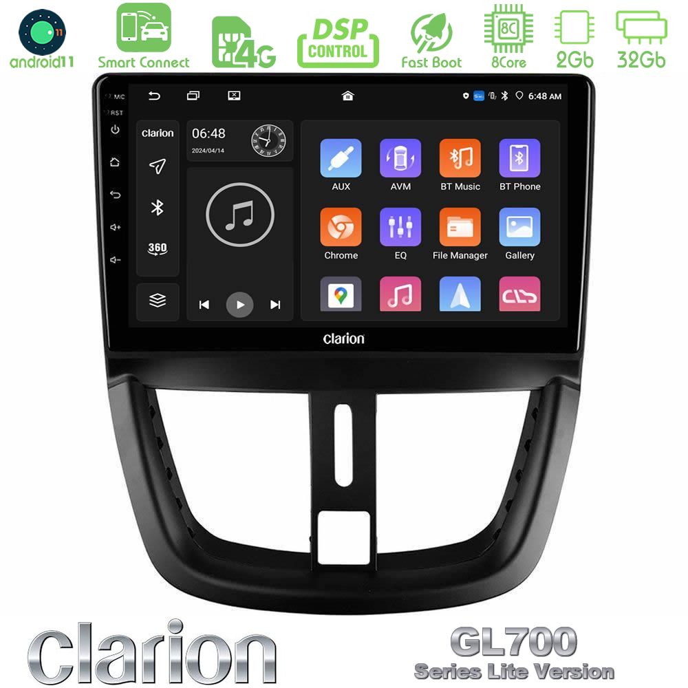 Clarion GL700 Lite Series 8Core Android11 2+32GB Peugeot 207 Navigation Multimedia Tablet 9" Με Carplay & Android Auto