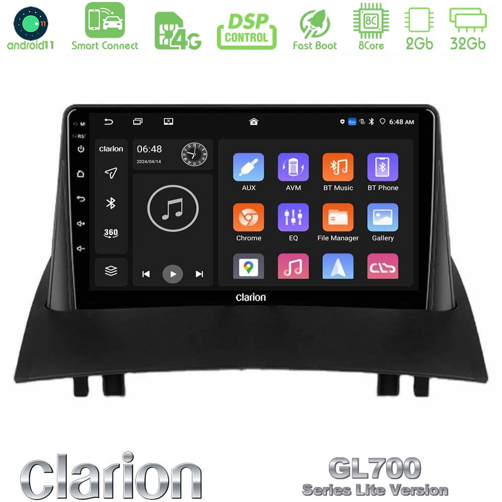 Clarion GL700 Lite Series 8Core Android11 2+32GB Renault Megane 2 2002-2008 Navigation Multimedia Tablet 9" Με Carplay & Android Auto