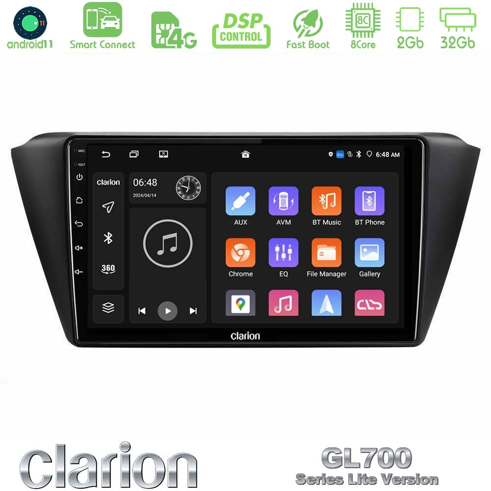 Clarion GL700 Lite Series 8Core Android11 2+32GB Skoda Fabia 2015-2021 Navigation Multimedia Tablet 9" Με Carplay & Android Auto