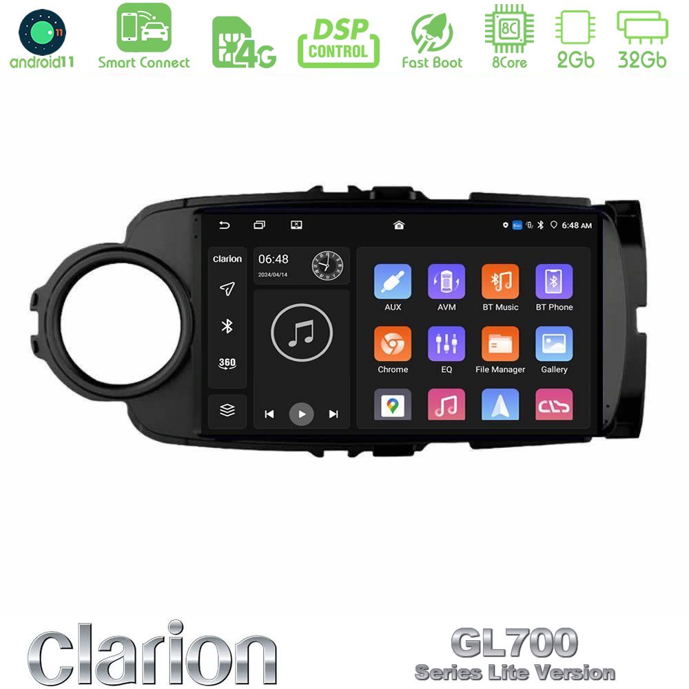 Clarion GL700 Lite Series 8Core Android11 2+32GB Toyota Yaris Navigation Multimedia Tablet 9" (Μαύρο Χρώμα) Με Carplay & Android Auto