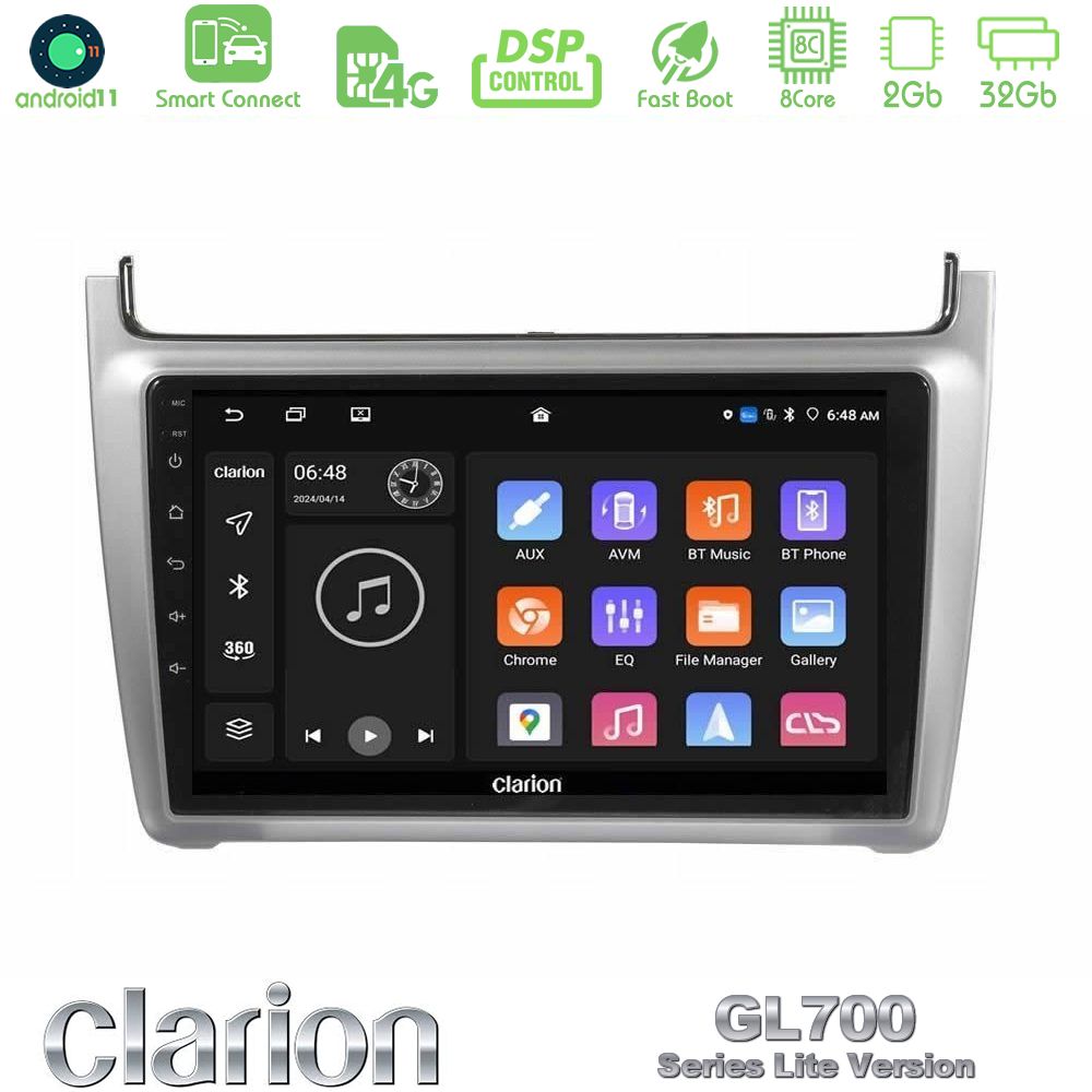 Clarion GL700 Lite Series 8Core Android11 2+32GB Vw Polo 2014-2017 Navigation Multimedia Tablet 9" Με Carplay & Android Auto (Silver)