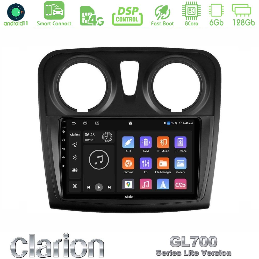 Clarion GL700 Lite Series 8Core Android11 6+128GB Dacia Dokker 2014-2021 Navigation Multimedia Tablet 9" Με Carplay & Android Auto