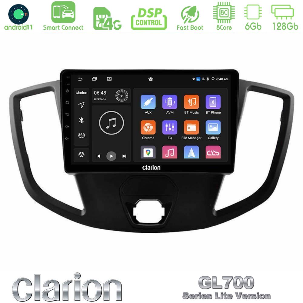 Clarion GL700 Lite Series 8Core Android11 6+128GB Ford Transit 2014-> Navigation Multimedia Tablet 9" Με Carplay & Android Auto