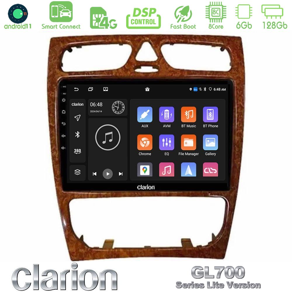 Clarion GL700 Lite Series 8Core Android11 6+128GB Mercedes C Class (W203) Navigation Multimedia Tablet 9" (Wooden Style) Με Carplay & Android Auto