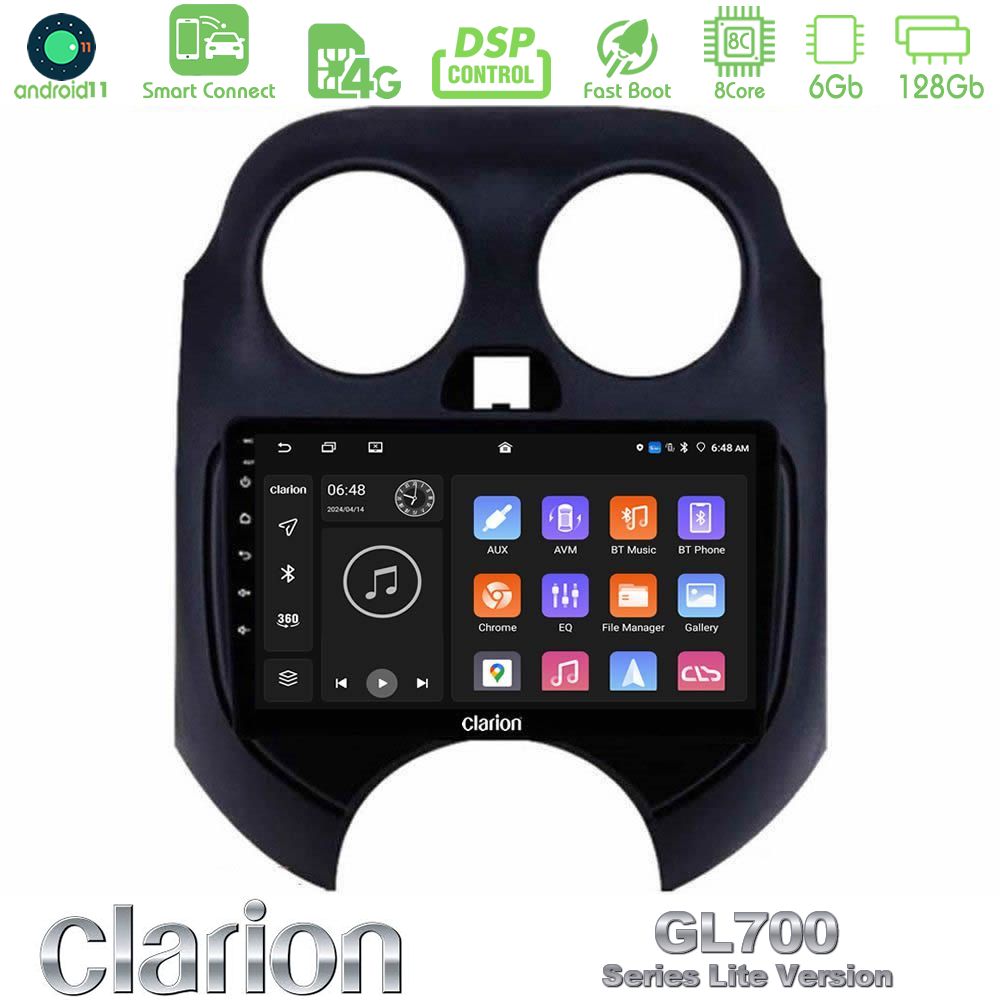 Clarion GL700 Lite Series 8Core Android11 6+128GB Nissan Micra 2011-2014 Navigation Multimedia Tablet 9" Με Carplay & Android Auto