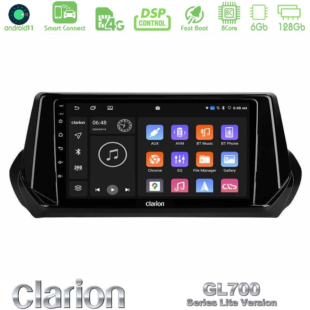 Clarion GL700 Lite Series 8Core Android11 6+128GB Peugeot 208 2019-2023 Navigation Multimedia Tablet 9" Με Carplay & Android Auto