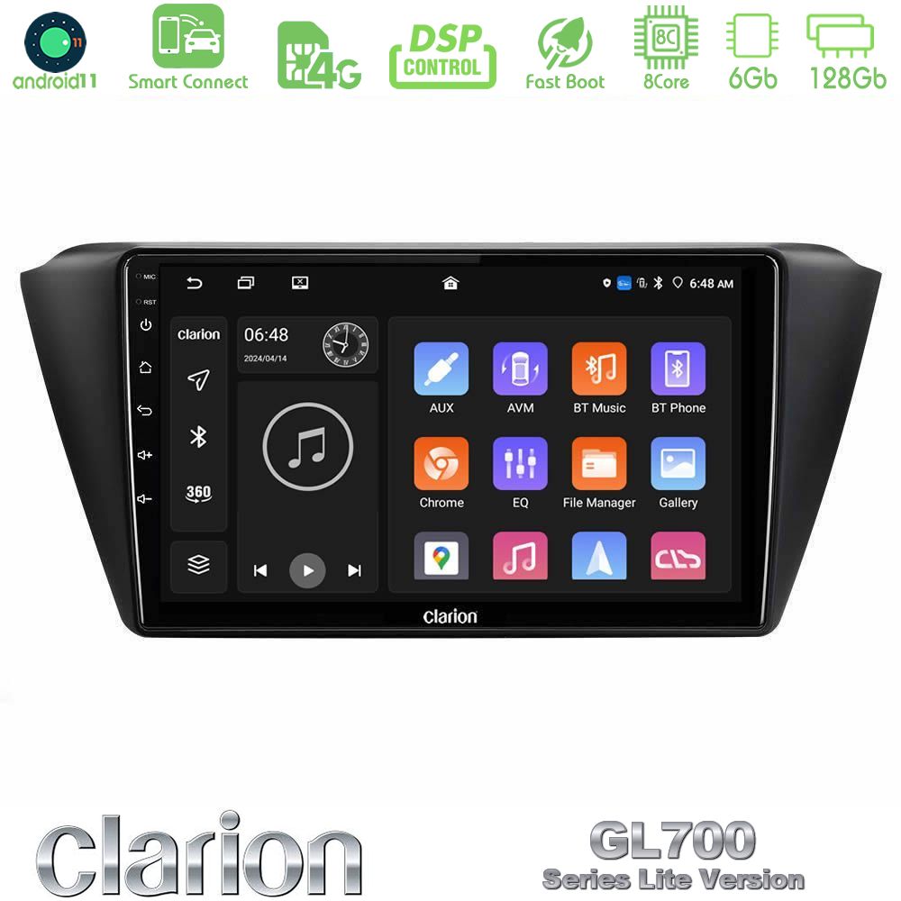 Clarion GL700 Lite Series 8Core Android11 6+128GB Skoda Fabia 2015-2021 Navigation Multimedia Tablet 9" Με Carplay & Android Auto