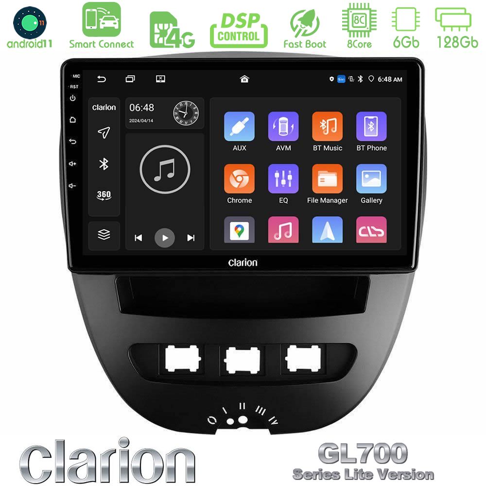 Clarion GL700 Lite Series 8Core Android11 6+128GB Toyota Aygo/Citroen C1/Peugeot 107 Navigation Multimedia Tablet 10" Με Carplay & Android Auto