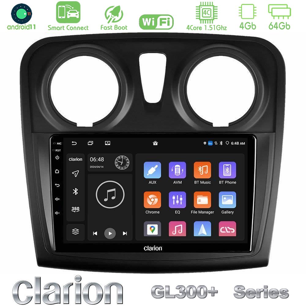 Clarion GL300+ Series 4Core Android11 4+64GB  Dacia Sandero 2014-2020 Navigation Multimedia Tablet 9"