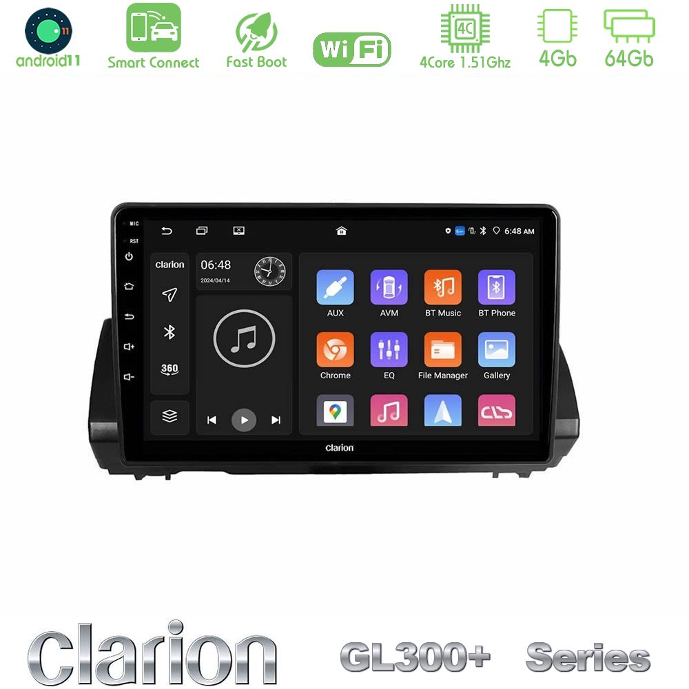 Clarion GL300+ Series 4Core Android11 4+64GB Dacia Sandero/Logan/Jogger 2022-> Navigation Multimedia Tablet 9"