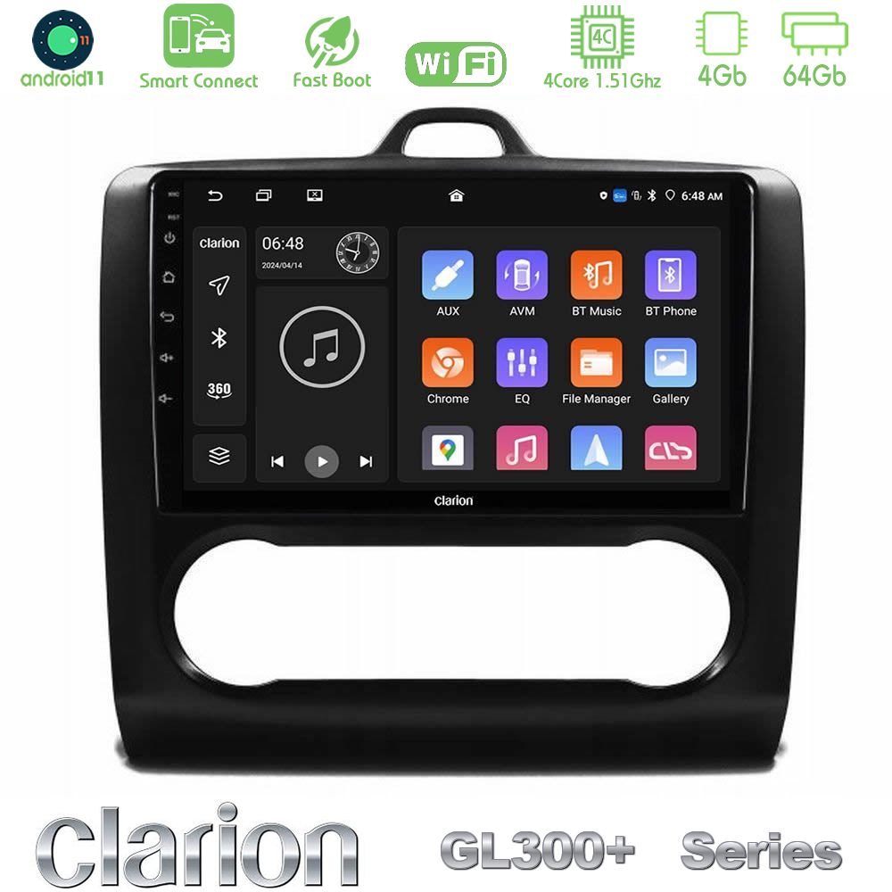 Clarion GL300+ Series 4Core Android11 4+64GB  Ford Focus Auto AC Navigation Multimedia Tablet 9" (Μαύρο Χρώμα)