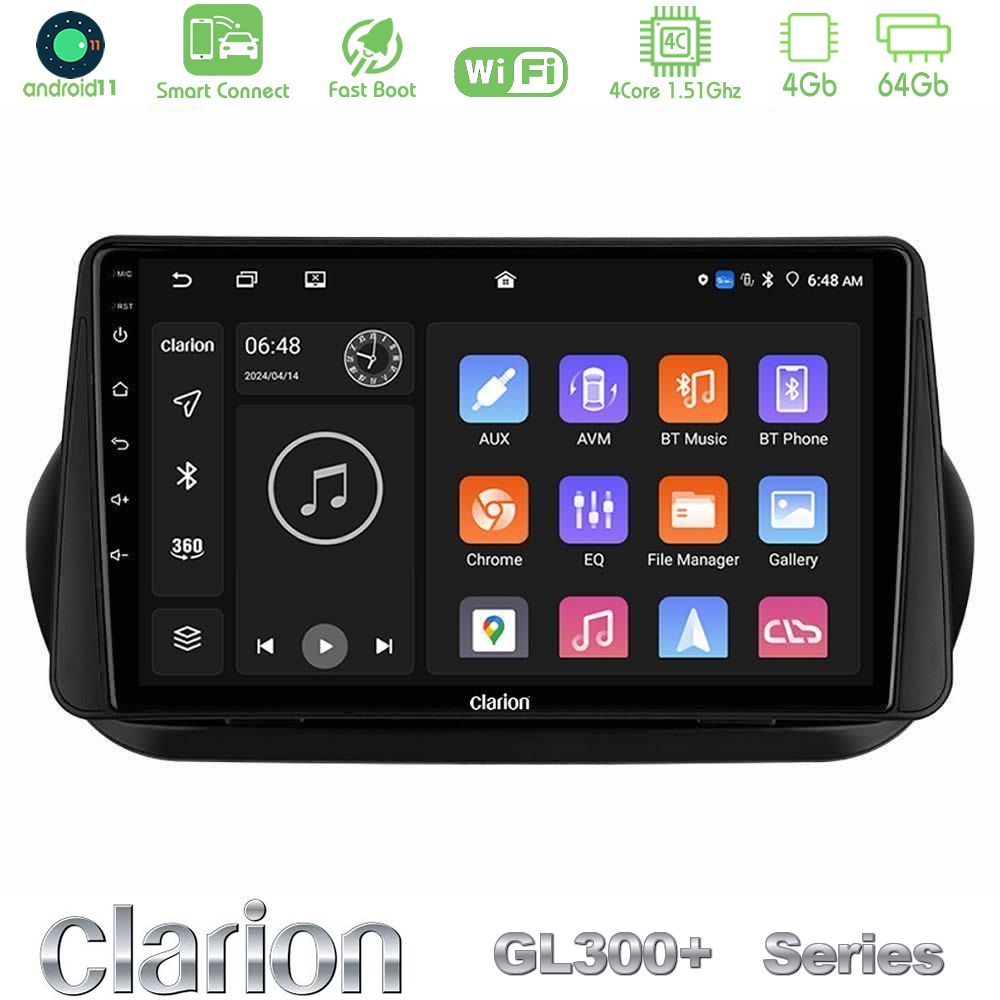 Clarion GL300+ Series 4Core Android11 4+64GB  Fiat Fiorino/Citroen Nemo/Peugeot Bipper Navigation Multimedia Tablet 10"