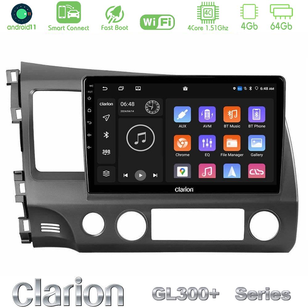 Clarion GL300+ Series 4Core Android11 4+64GB Honda Civic 2006-2011 Navigation Multimedia Tablet 10"