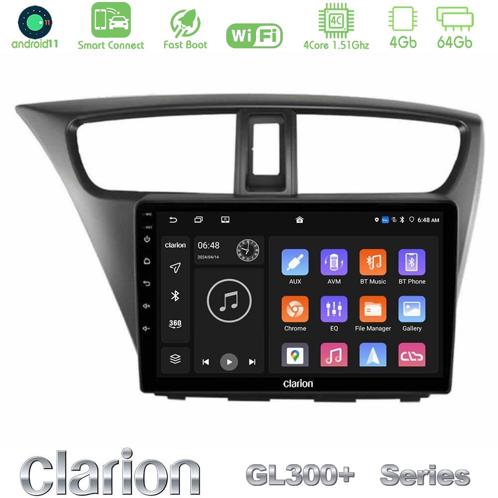 Clarion GL300+ Series 4Core Android11 4+64GB  Honda Civic Hatchback 2012-2015 Navigation Multimedia Tablet 9"