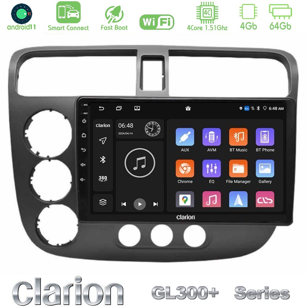 Clarion GL300+ Series 4Core Android11 4+64GB  Honda Civic 2001-2005 Navigation Multimedia Tablet 9"