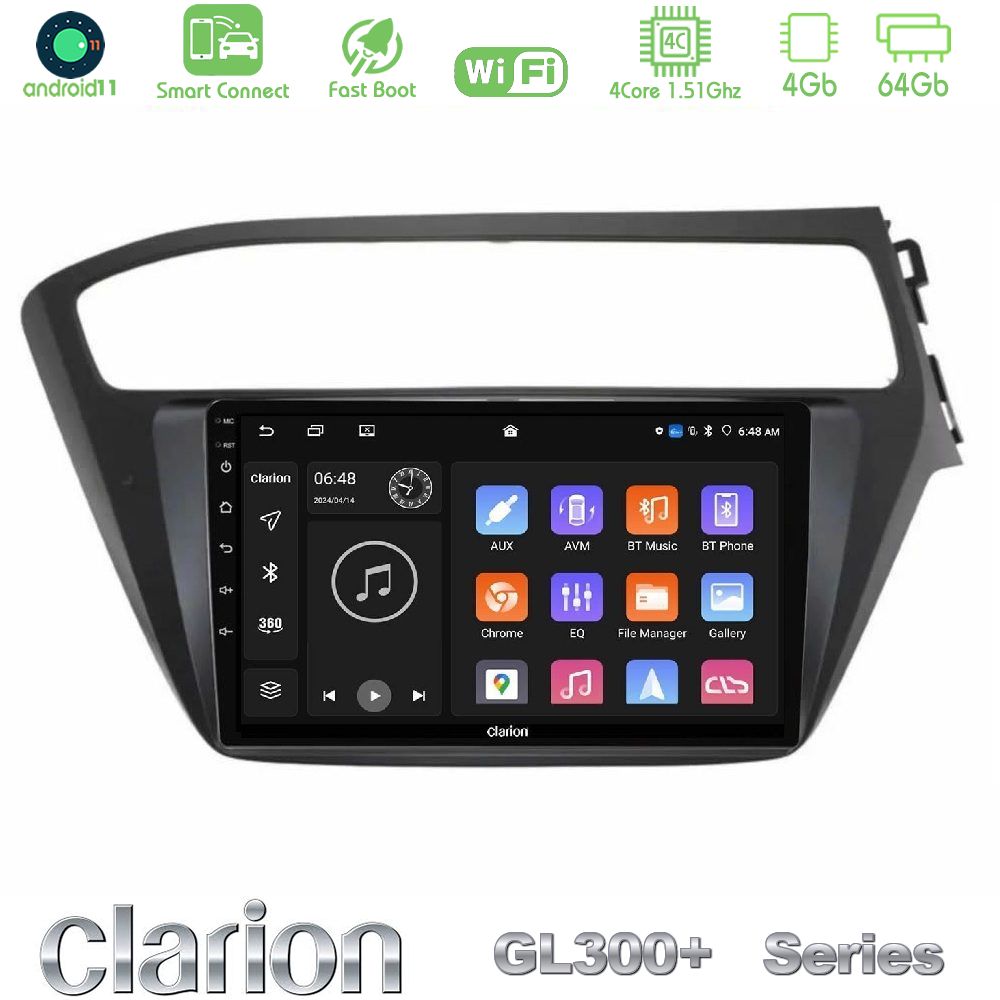 Clarion GL300+ Series 4Core Android11 4+64GB Hyundai i20 2018-2020 RHD Navigation Multimedia Tablet 9"
